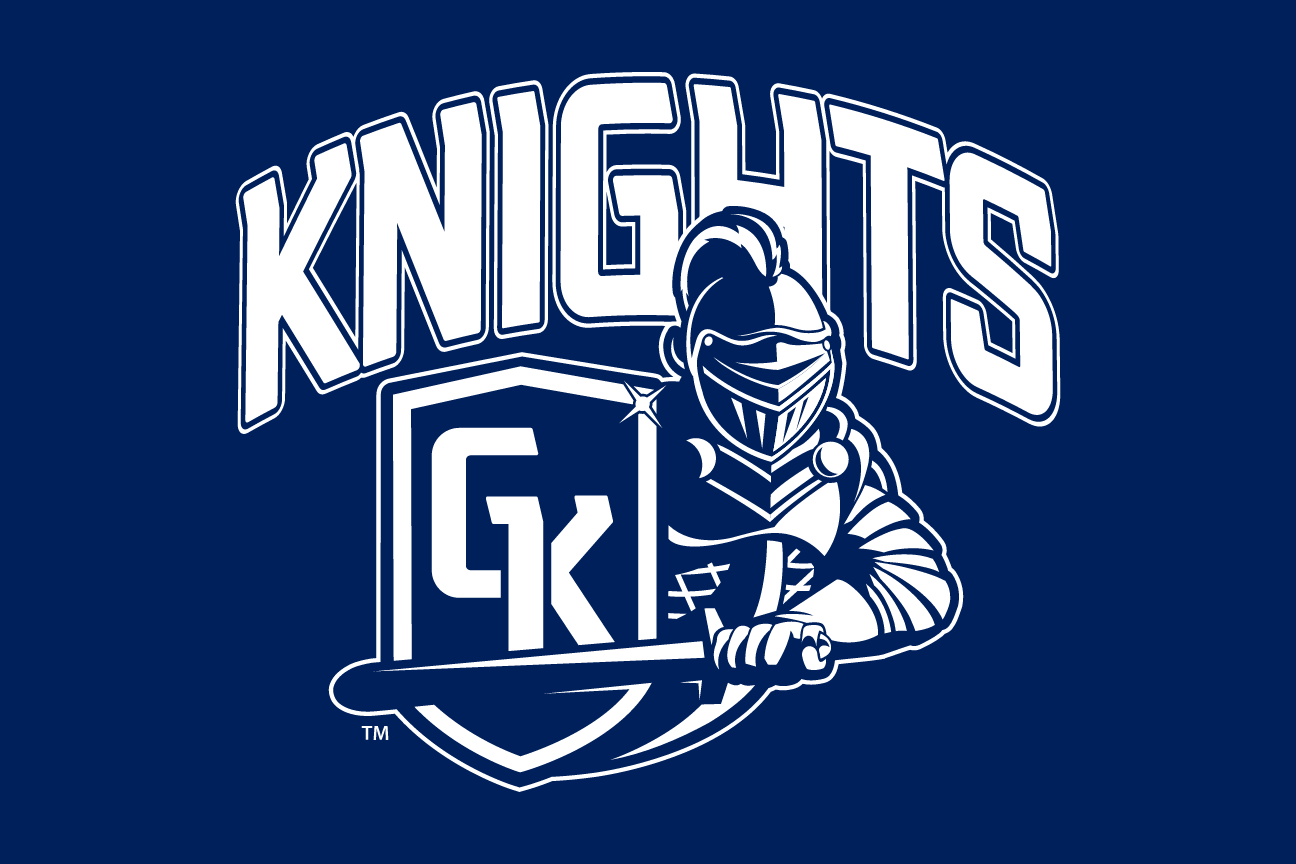 Knights wordmark with knight logo, white on blue variant, cell 61