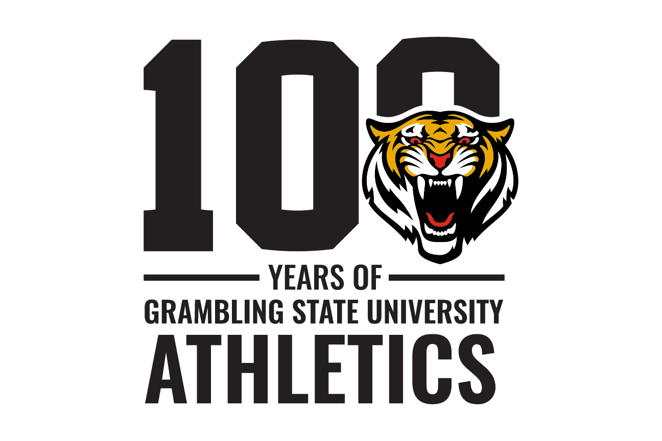100 years athletics mark with wordmark, stacked black/gold on white variant, cell 14