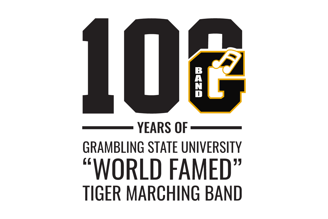 100 years band mark with wordmark, stacked black/gold on white variant, cell 17