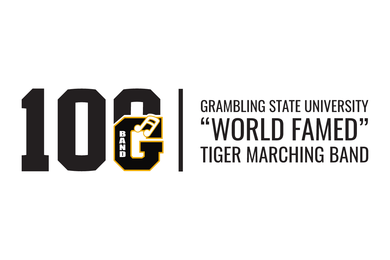 100 years band mark with wordmark, horizontal black/gold on white variant, cell 18