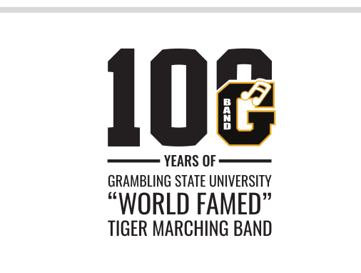 100 years band mark with wordmark, stacked black/gold on white variant, cell 17