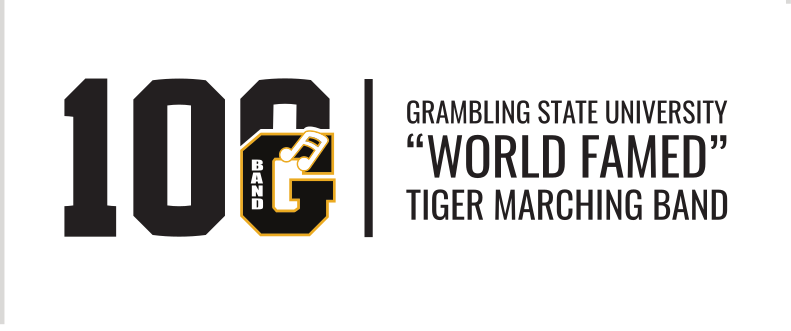 100 years band mark with wordmark, horizontal black/gold on white variant, cell 18