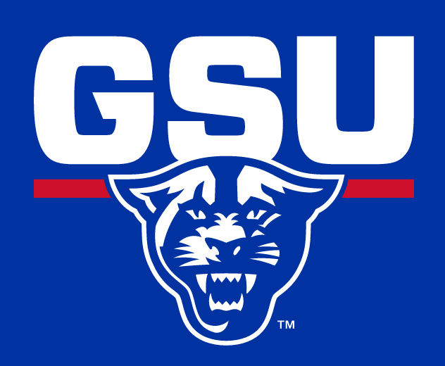 GSU wordmark with panther head, white with red line on blue variant, cell 6
