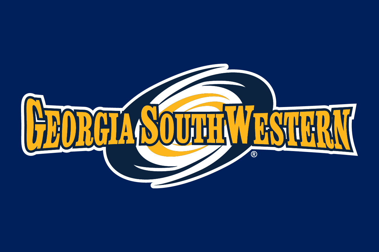 Georgia Southwestern wordmark with hurricane icon, full color reverse variant, cell 45