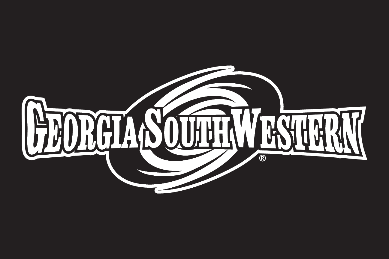 Georgia Southwestern wordmark with hurricane icon, black and white reverse variant, cell 47