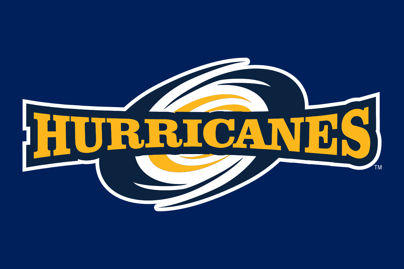 Hurricanes wordmark with hurricane icon, full color reverse variant, cell 53