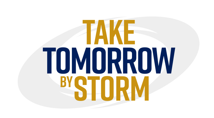Take Tomorrow By Storm wordmark with swoosh, blue and gold variant, cell 35