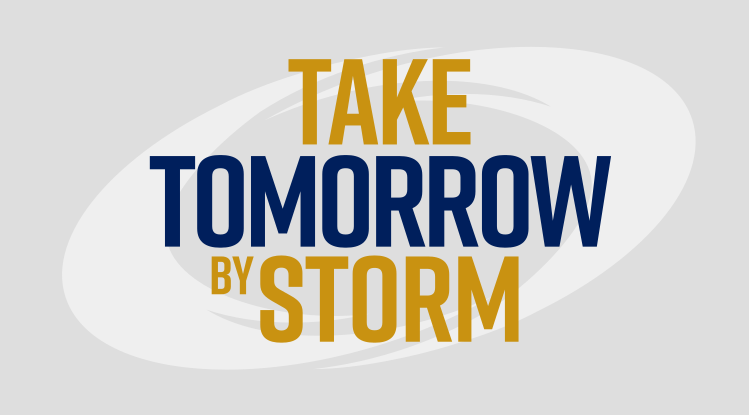 Take Tomorrow By Storm wordmark with swoosh, blue and gold on gray variant, cell 36