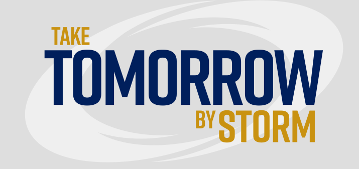 Take Tomorrow By Storm wordmark with swoosh, blue and gold on gray variant, cell 37