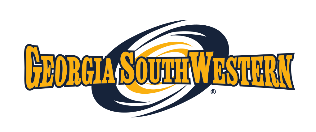 Georgia Southwestern wordmark with hurricane icon, full color variant, cell 44