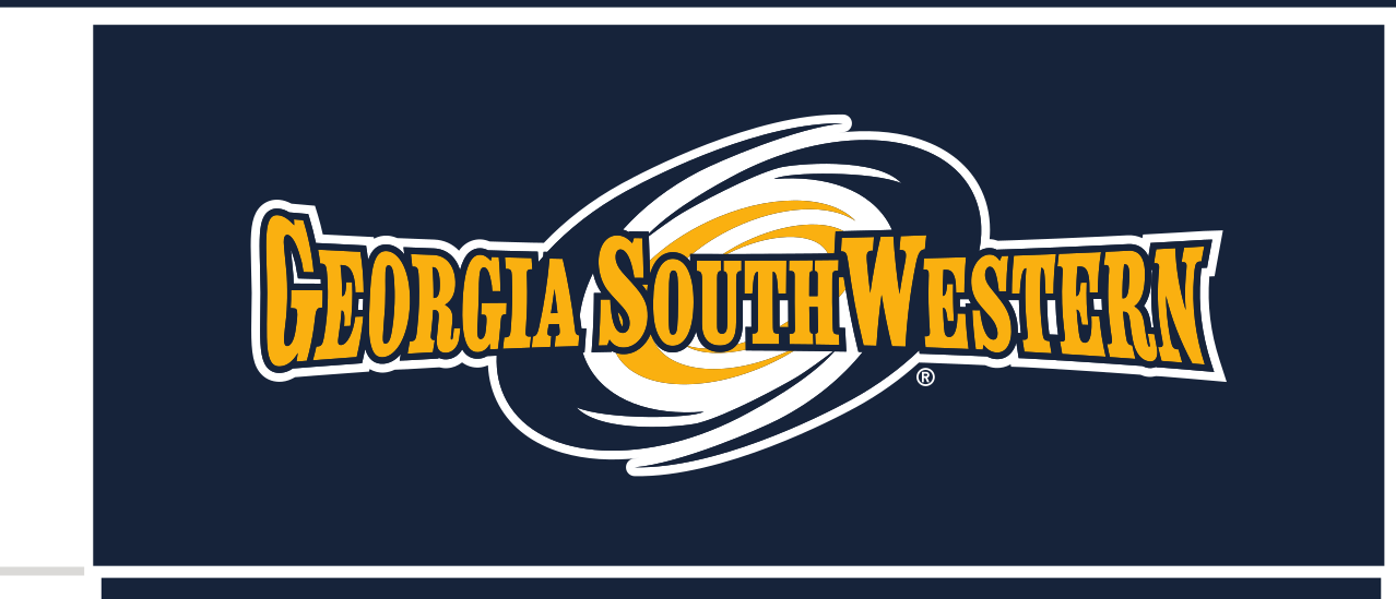 Georgia Southwestern wordmark with hurricane icon, full color reverse variant, cell 45