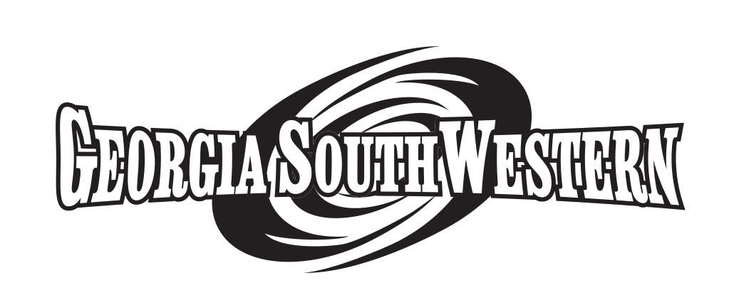 Georgia Southwestern wordmark with hurricane icon, black and white variant, cell 46