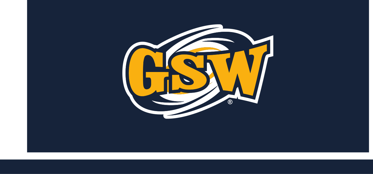 GSW lettermark with hurricane icon, full color reverse variant, cell 49