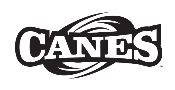 Canes wordmark with hurricane icon, black and white variant, cell 58