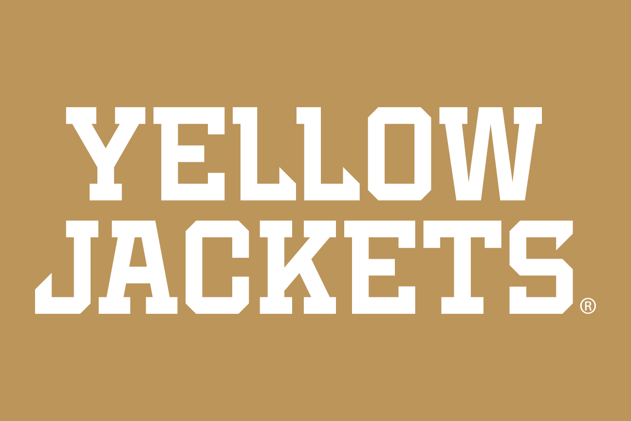 Yellow Jackets wordmark, stacked, white on gold variant, cell 75