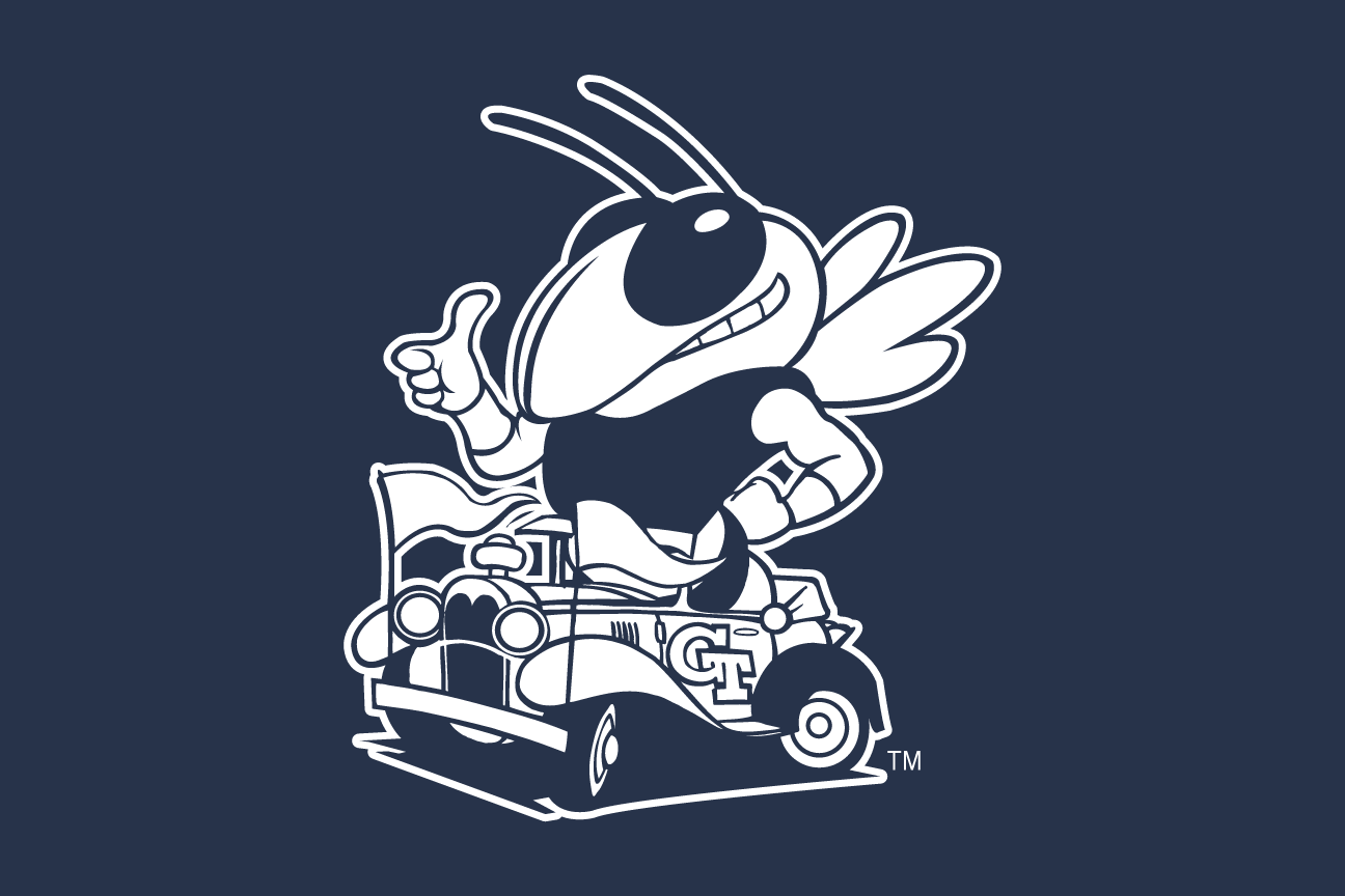 Buzz mascot in Ramblin' Wreck, white outline on navy variant, cell 135