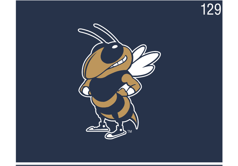 Buzz mascot (standing), full color on navy variant, cell 129