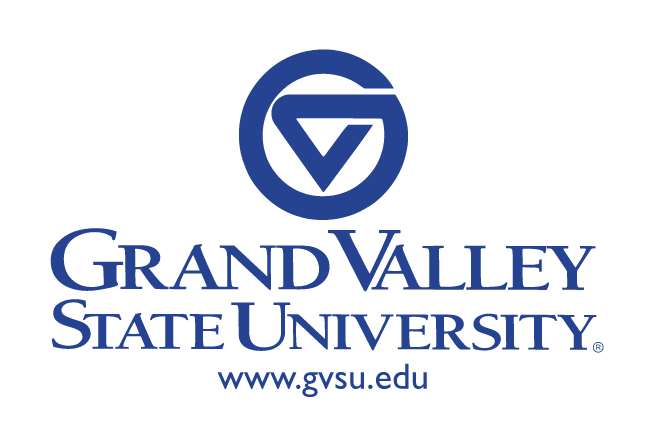 Grand Valley State University primary logo with web address, blue variant, cell 6