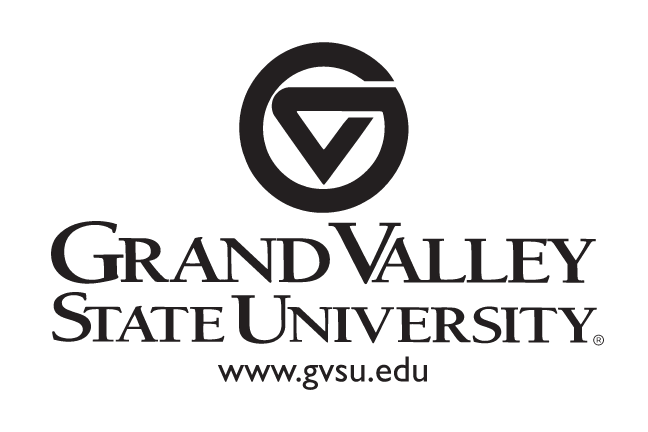 Grand Valley State University primary logo with web address, black variant, cell 7