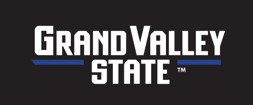 Grand Valley State wordmark stacked, full color on black variant, cell 33