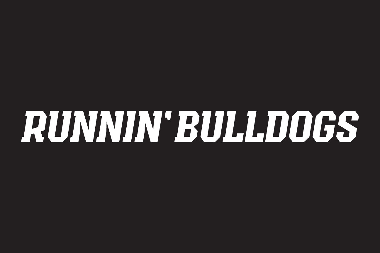 Runnin' Bulldogs wordmark, white on black variant, cell 26