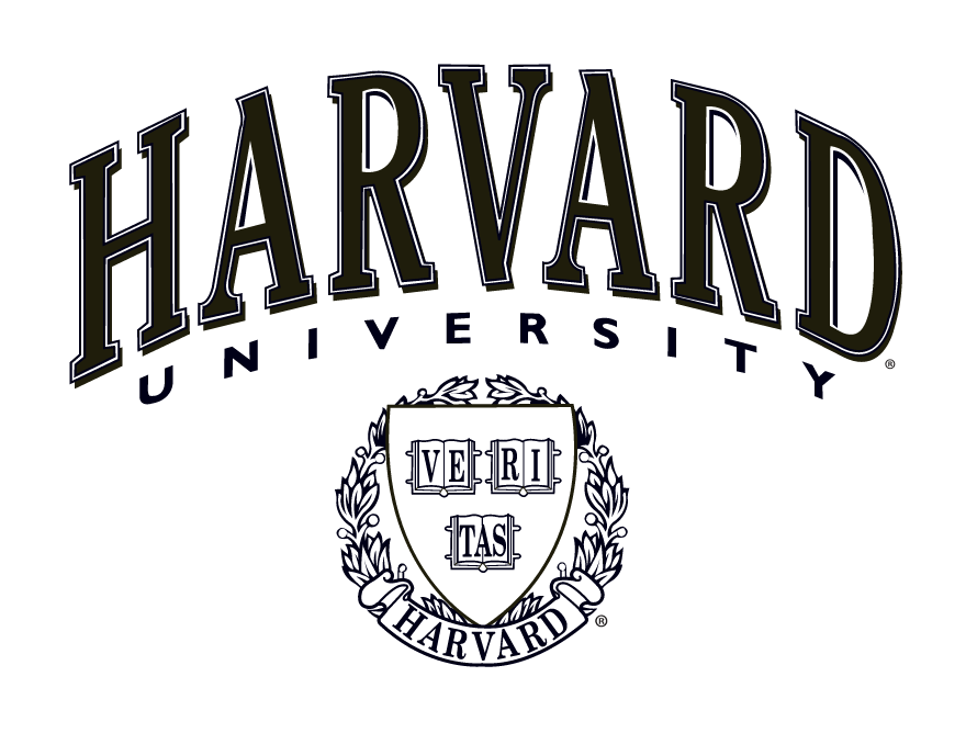 Harvard University logo, arched wordmark with shield, black and white variant, cell 43