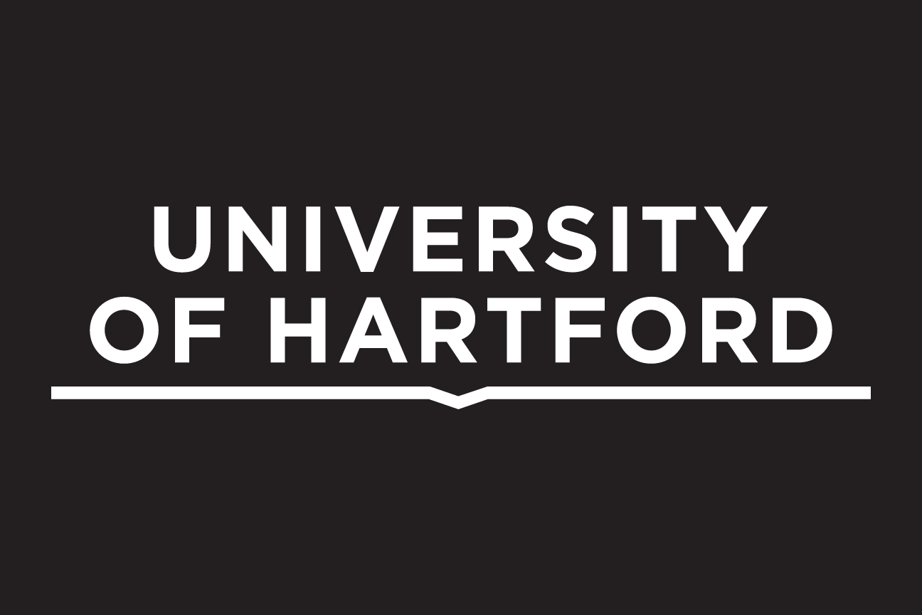 University of Hartford wordmark, white on black variant, cell 45
