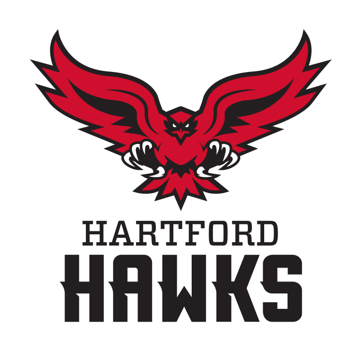 Hartford Hawk secondary logo, red/black mascot, black wordmark variant, cell 5