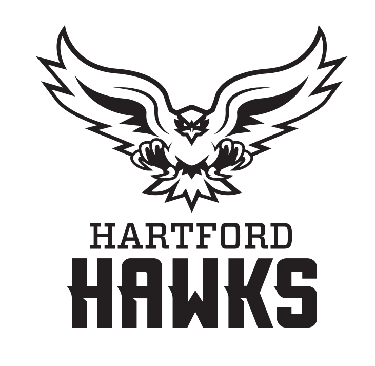 Hartford Hawk secondary logo, black/white mascot, black wordmark variant, cell 8