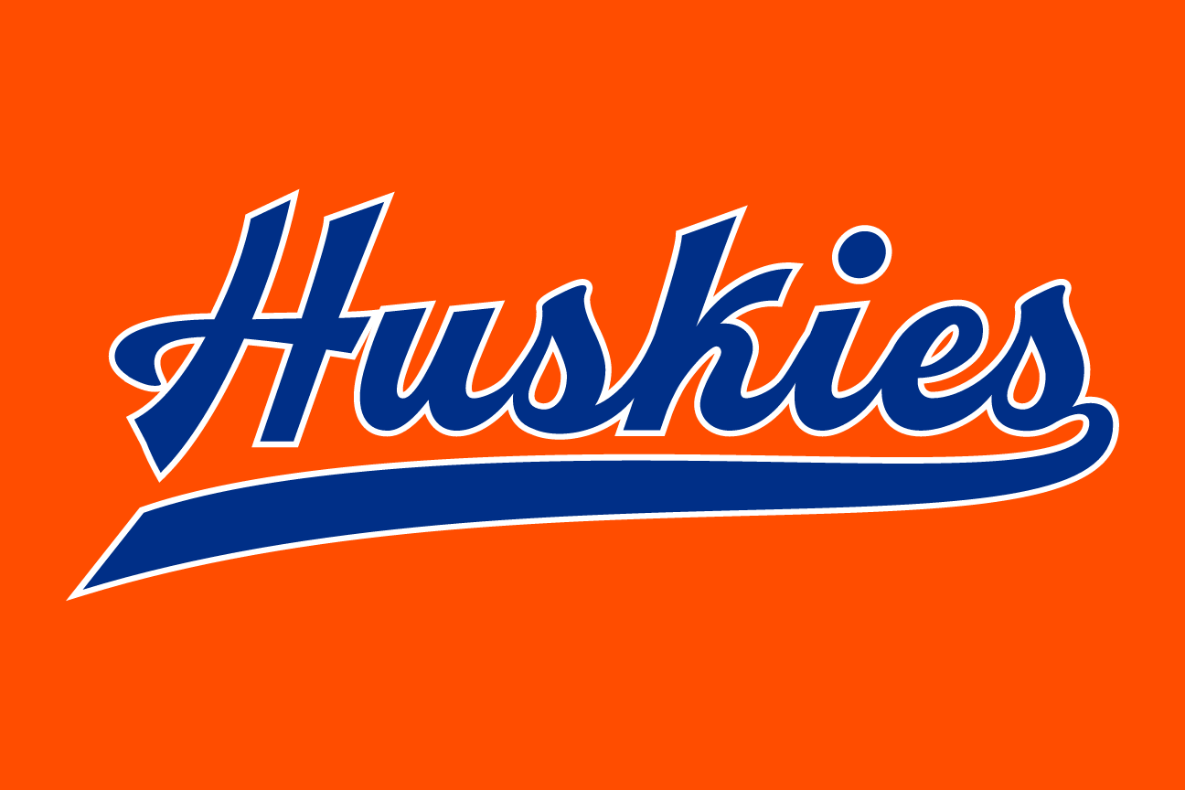 Huskies script wordmark, blue and white on orange variant, cell 8