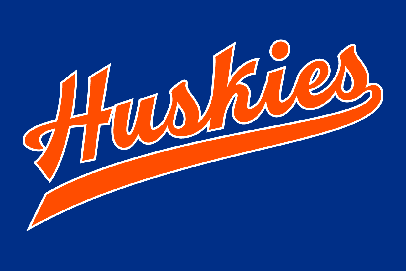 Huskies script wordmark, orange and white on blue variant, cell 9