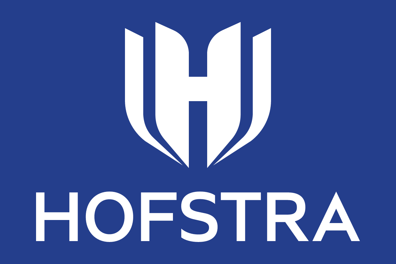 Hofstra wordmark with H icon, white on blue variant, cell 14