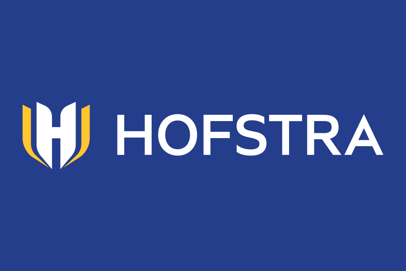 Hofstra horizontal wordmark with H icon, blue/gold on blue variant, cell 17