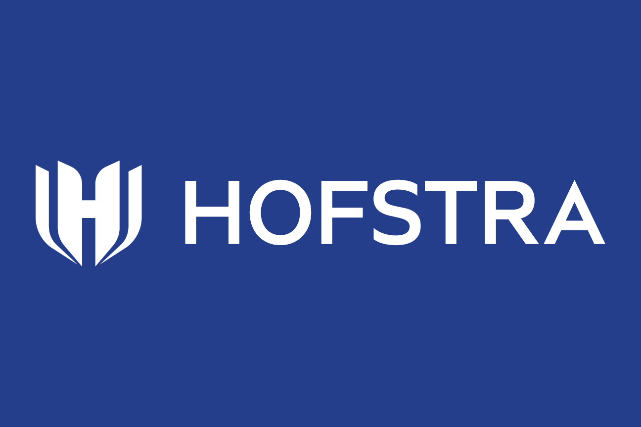 Hofstra horizontal wordmark with H icon, white on blue variant, cell 19