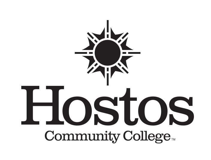 Hostos Community College logo, stacked, black and white variant, cell 6