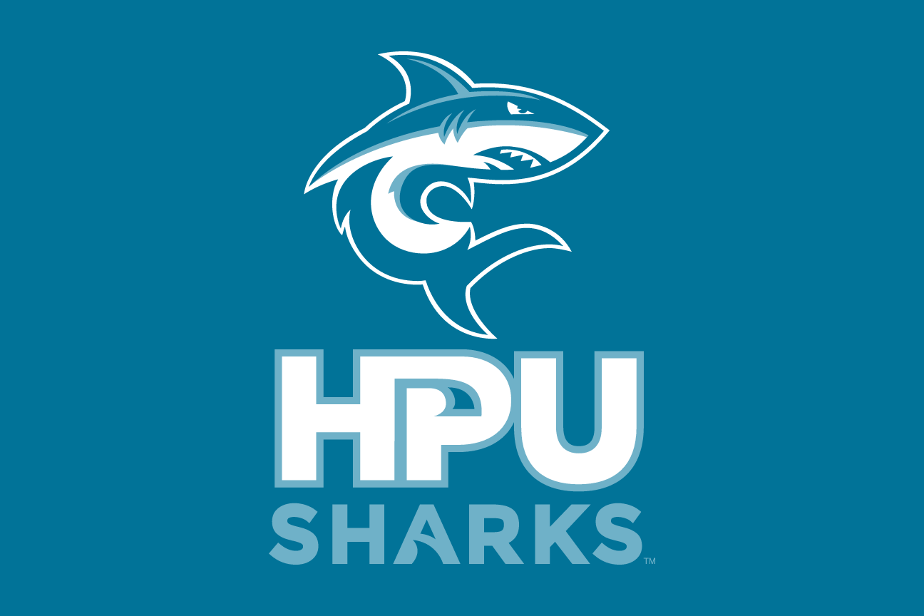 Shark mascot with HPU SHARKS wordmark, reverse variant, cell 22