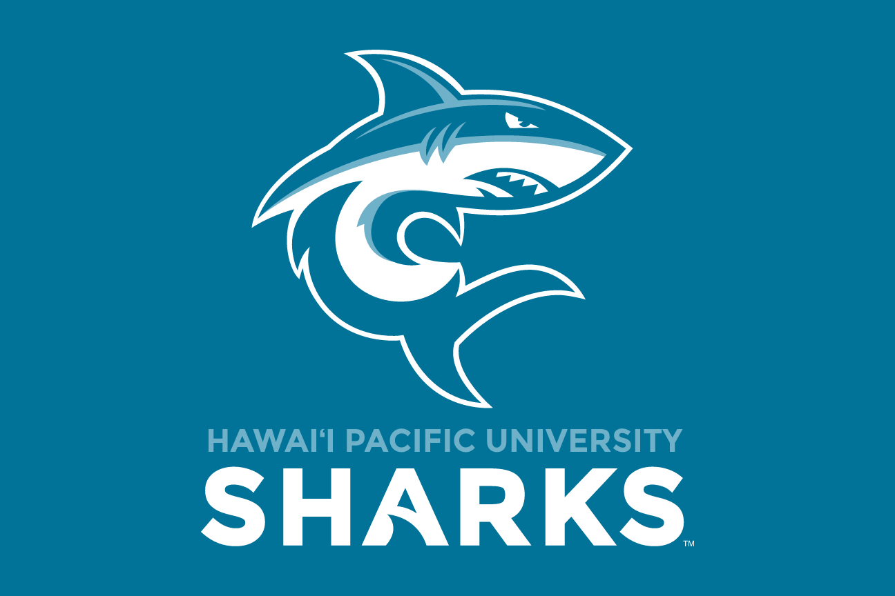 Shark mascot with full name SHARKS wordmark, reverse variant, cell 30