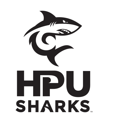 Shark mascot with HPU SHARKS wordmark, black variant, cell 21