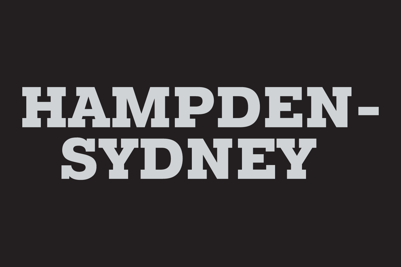 wordmark Hampden-Sydney, stacked white on grey variant, cell 78