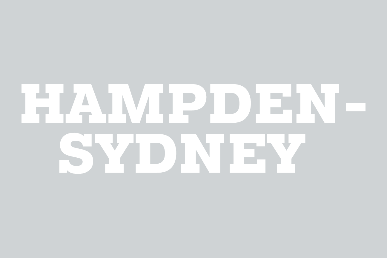 wordmark Hampden-Sydney, stacked white on garnet variant, cell 79