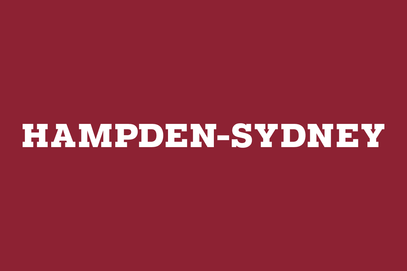 wordmark Hampden-Sydney, horizontal white on garnet variant, cell 83