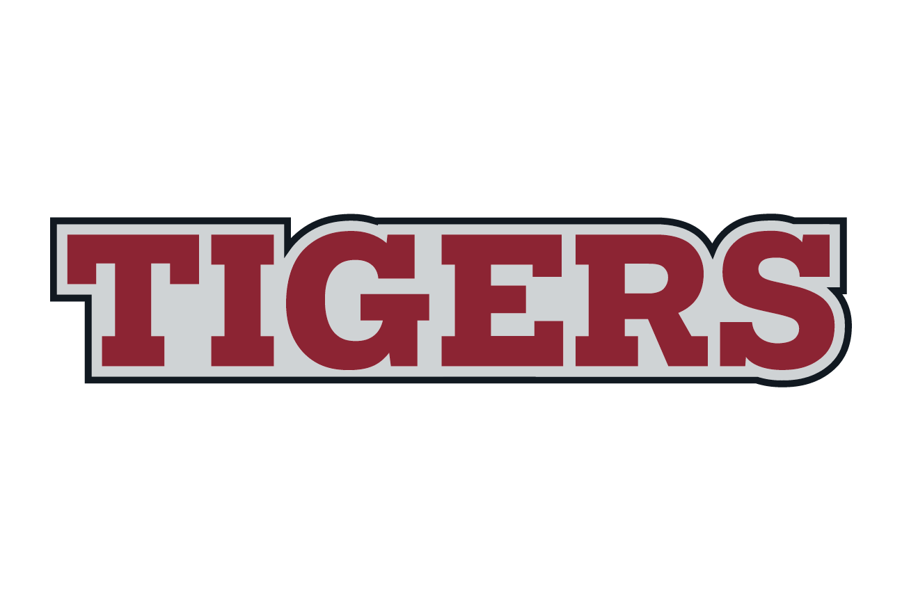 wordmark Tigers, garnet with white outline on white variant, cell 89