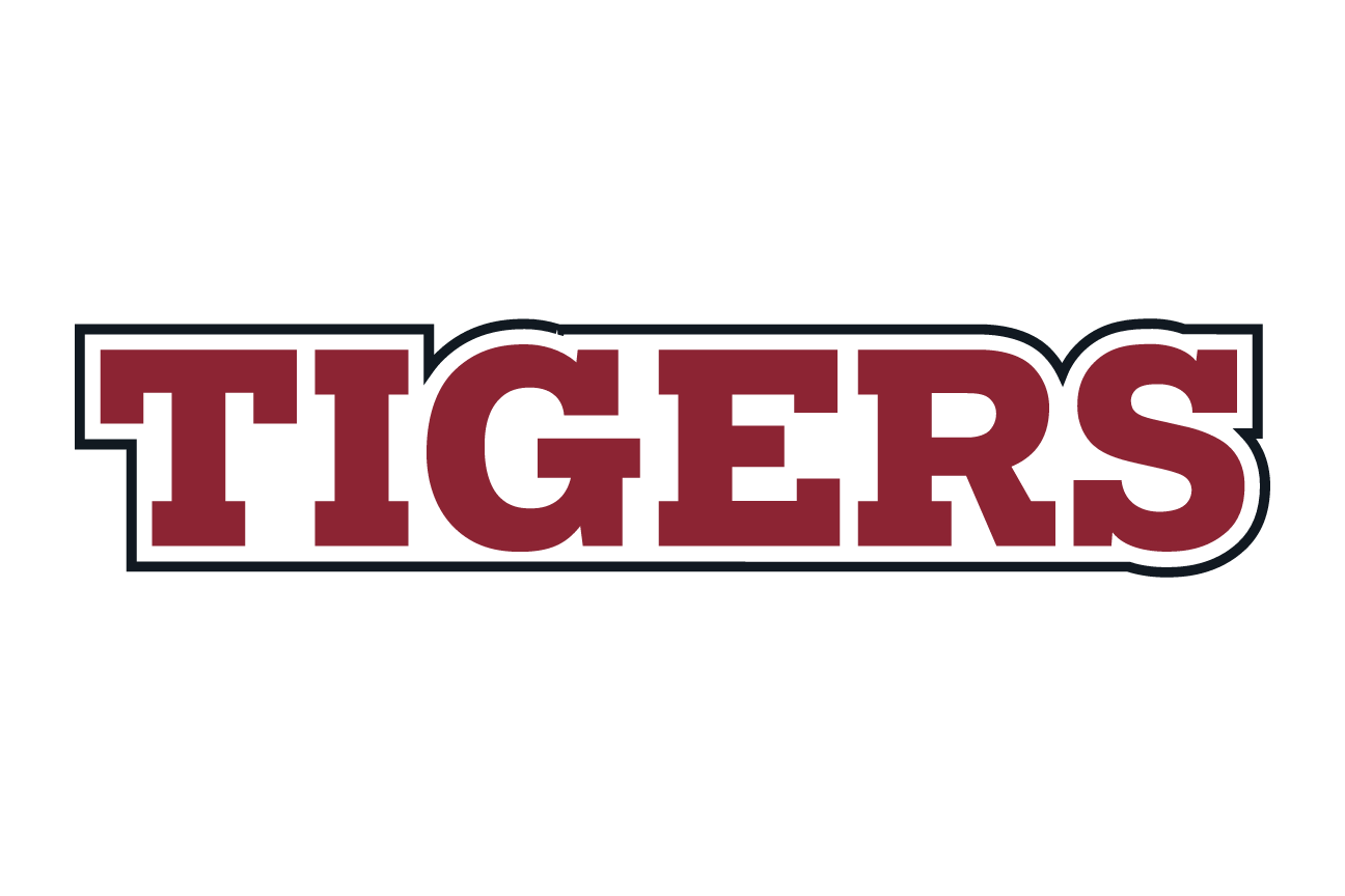 wordmark Tigers, white with garnet outline on white variant, cell 92