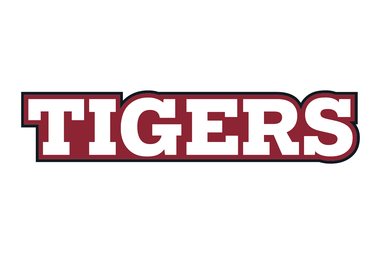 wordmark Tigers, garnet with white outline on white variant, cell 93