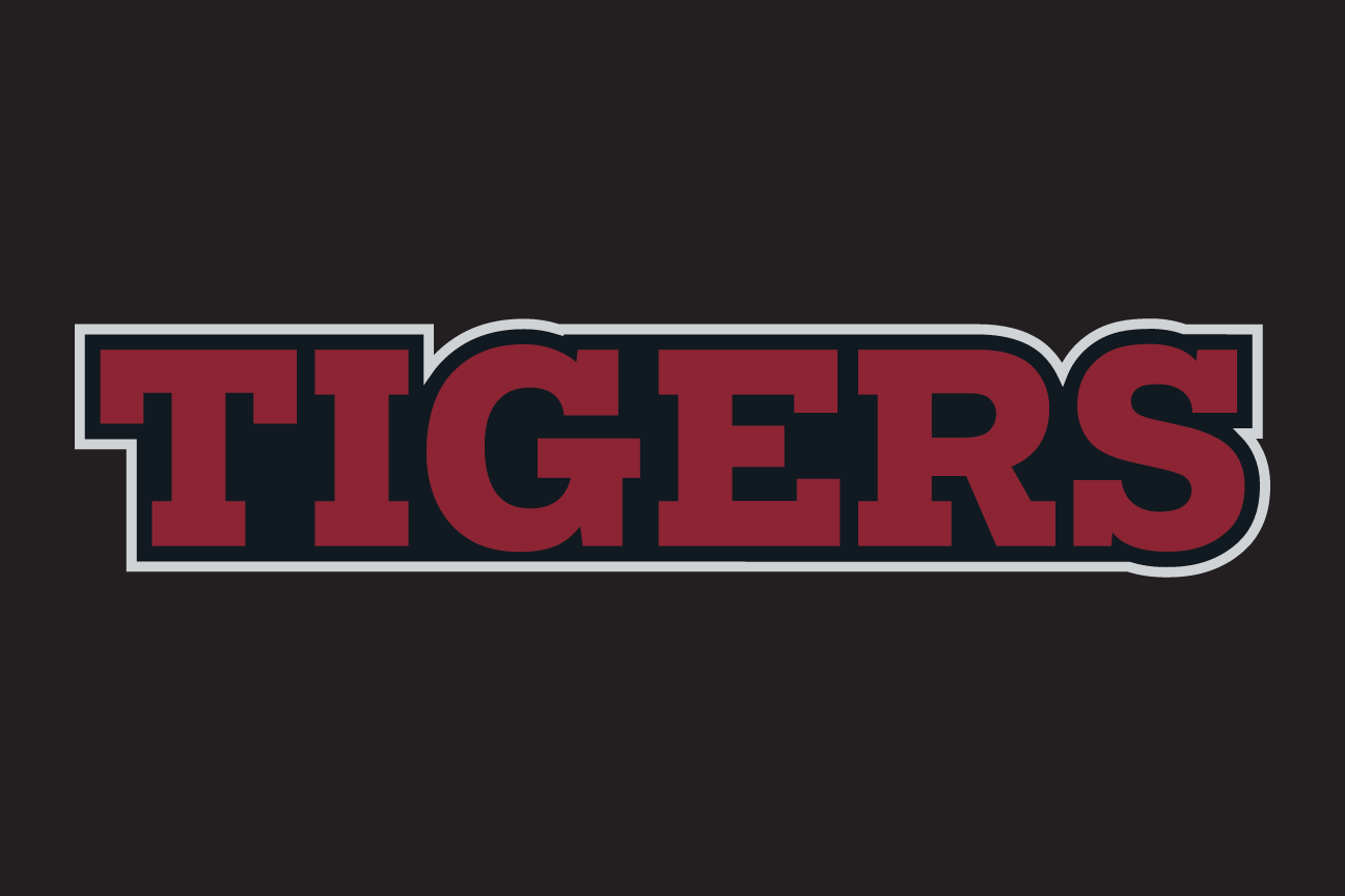 wordmark Tigers, white with garnet outline on garnet variant, cell 94