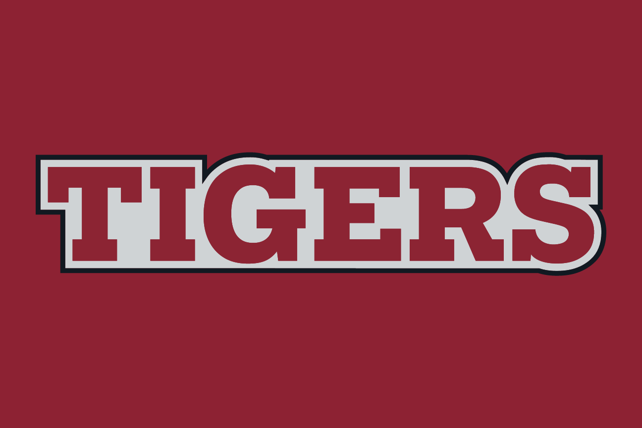 wordmark Tigers, garnet with white outline on grey variant, cell 95