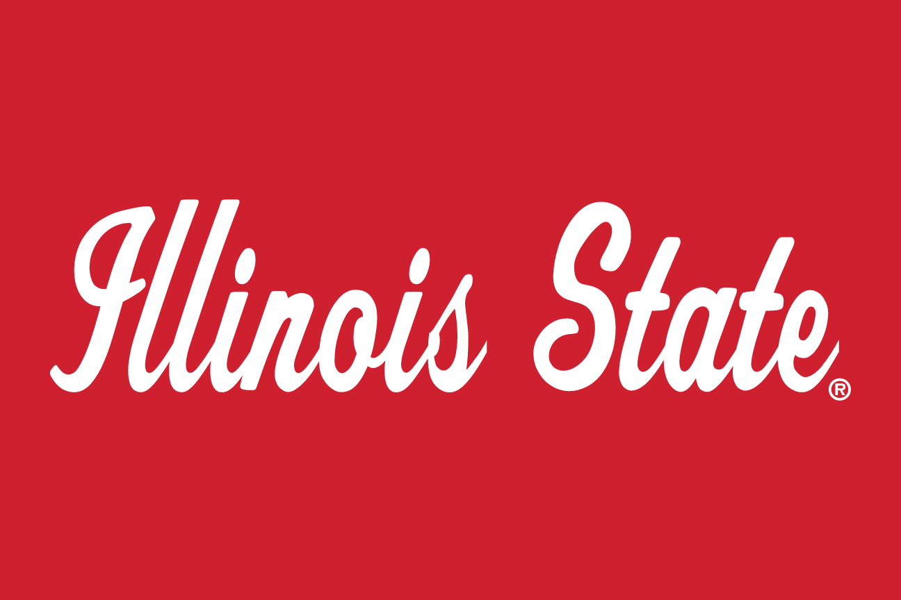 Illinois State script wordmark, white on red variant, cell 28