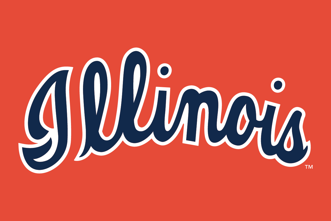Illinois script wordmark, white outline, navy fill, on orange variant, cell 37