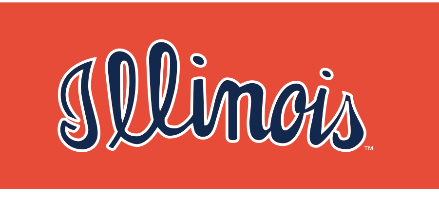 Illinois script wordmark, white outline, navy fill, on orange variant, cell 37
