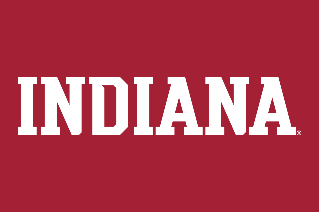 INDIANA wordmark, arched white outline on crimson variant, cell 24